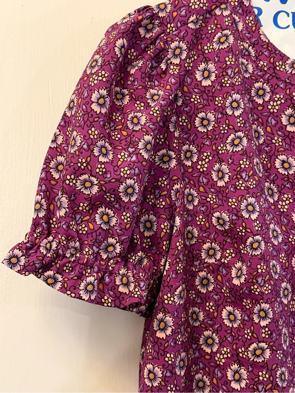 J. Crew Purple Floral Button-Front Puff Sleeve Top